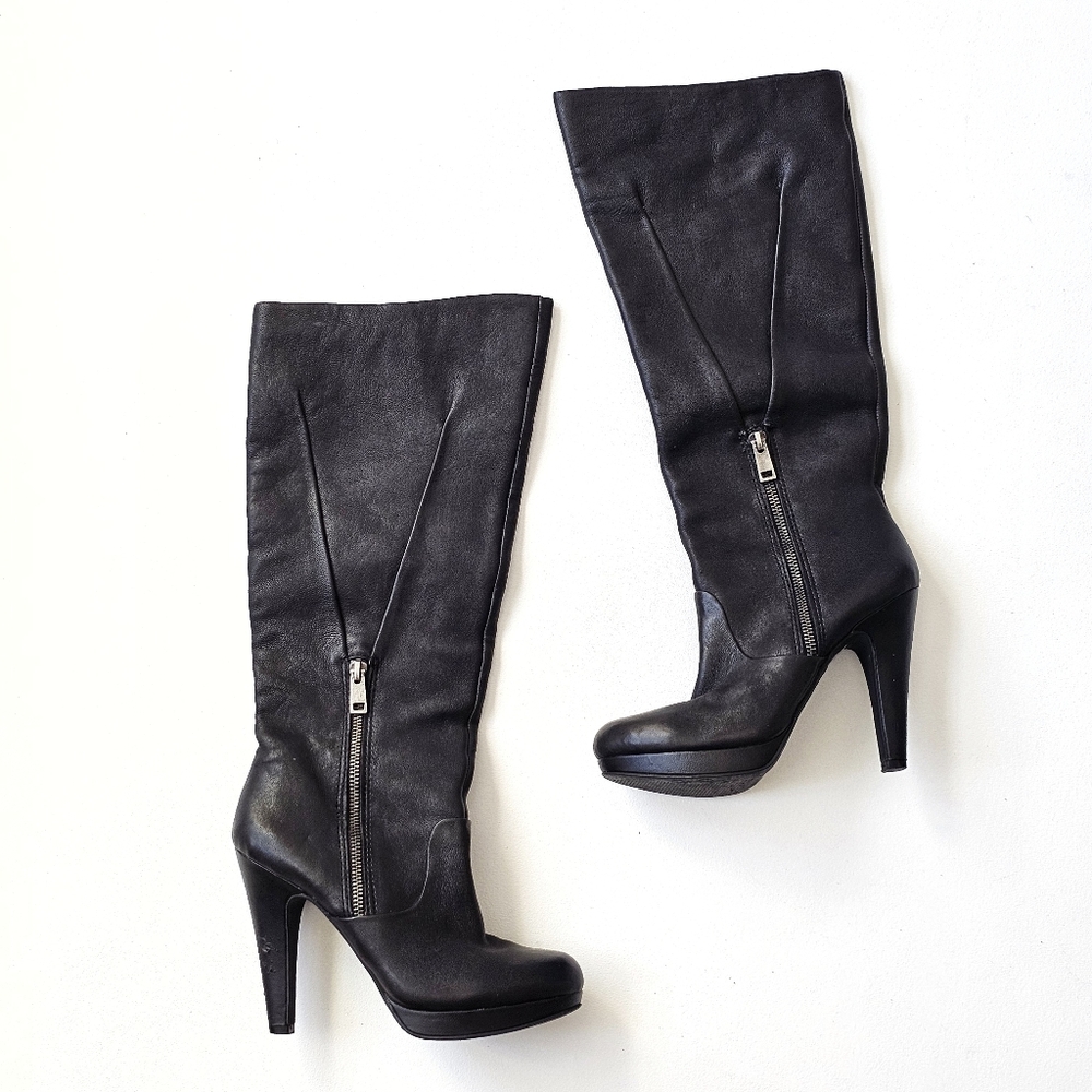 Jessica Simpson “Alany” Black Leather Knee High Platform Heel Boots Size 6.5
